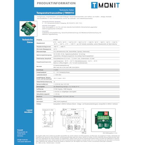 Tmonit - Transducteur de température actif, 0-10 V, avec capteur PT1000, plage de mesure réglable, surveillance active du capteur (câble en silicone de 5 m) – vue 6