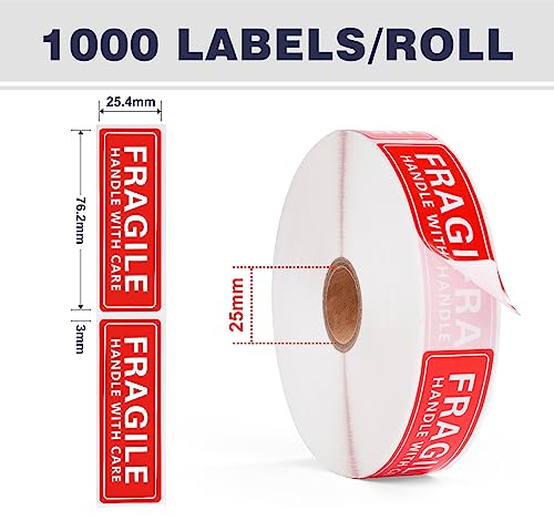 Image of 1 x 3 Inch Handle with Care 1000 Permanent Adhesive Fragile Stickers for Shipping Moving Glass Labels (1 Roll, 1000 Labels)