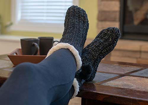 Image of Elanze Designs Gold Glitter Knit Pom Pom Womens One Size Plush Lined Non Skid Indoor Slipper Socks
