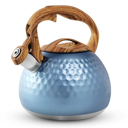 Comparison: Best Tea Kettle For Electric Stove 3 Foedo Stainless Steel Tea Kettle Blue, Teapot 3.2 Quart Whistling Tea Kettle, Tea Pots for Stove Top with Wood Pattern Handle, Gas Electric Applicable