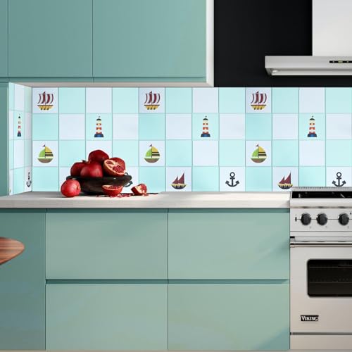 Image of SARVATRAY Self-Adhesive Wallpaper, Oil Proof Heat Resistant Kitchen Stickers, Vinyl Sheet for Wall 2 X 6.5 SQ FT (2 M Ship Theme Blue WS)