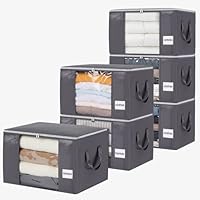 YGEOMER Blanket Storage Bags Clothes Organizers Closet Containers with Reinforced Handle for Clothing, Comforters, Bed Sheets, Pillows and Toys, Grey 60L 6 Pack