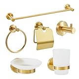 Bathroom Accessories Set 6-Piece, Gold Bathroom Hardware Set, 23.6" Towel Bar, Toilet Paper Holder, Towel Ring, Double Hook, Toothbrush Holder, Soap Dish for Bathroom