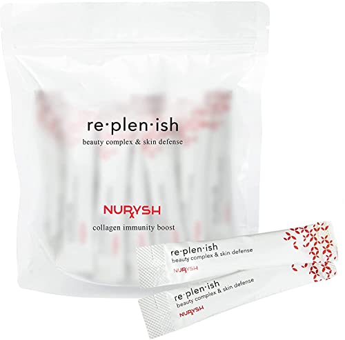 Replenish by NURYSH - Marine Collagen Peptides Powder Anti Aging Supplement Packets with Hyaluronic Acid, Vitamins C & B3 - Supports Skin & Hair Health - 28 Travel Sticks - Berry Flavor - Made in USA