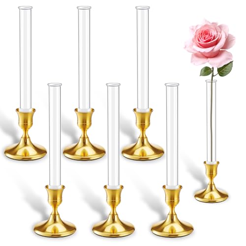 6 Pack 7.9' Glass Bud Vase for Candlesticks & Brass Gold Taper Candle Holder Set...