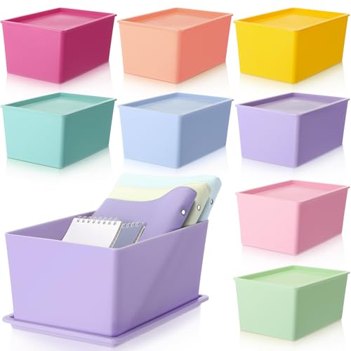 Menkxi 8 Pcs Storage Bins with Lids Small Plastic Storage Containers Stackable Storing Baskets Box for Organizing Shelves (Mixed Color)