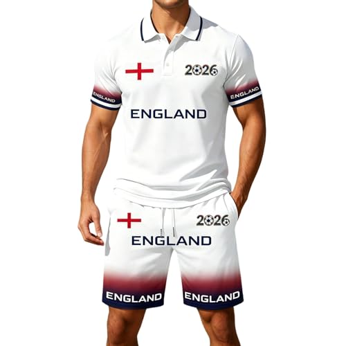 Image of Men's England Inspired 2-Piece Polo Tracksuit,2026 Short Sleeve Button Down Shirt & Drawstring Shorts, Casual Sportswear Set with Graphic Print, Lightweight Knit Blend Outfit for Daily & (White-g, M)