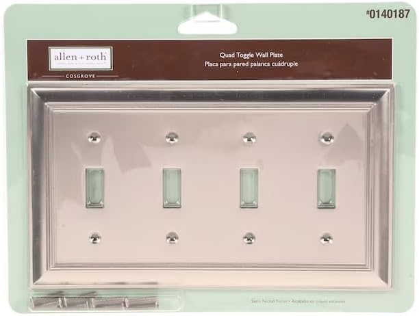 allen + roth Cosgrove 4-Gang Satin Nickel Quad Toggle Wall Plate in packaging with mounting screws
