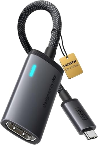 INIU Adaptador USB C a HDMI, Certificación HDMI Oficial con LED Inteligente, 4K@60Hz Compatible con Puertos Thunderbolt 3/4, MacBook Neo iMac Portátil iPad iPhone Samsung Steam Deck Monitor Gaming HDR