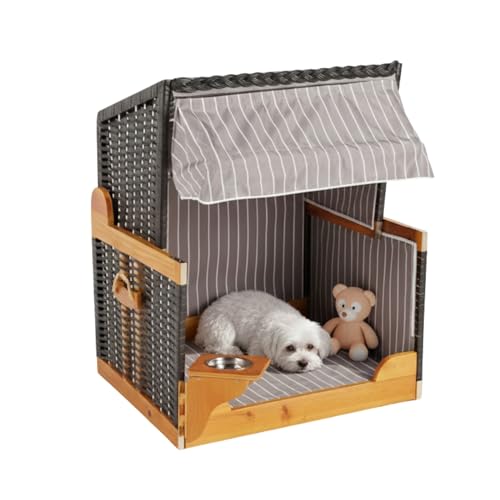MR. DEKO Hundestrandkorb Wacholder PE Schwarz | Outdoorkörbchen Anthrazit | Hundehütte mit Dach | Katzenbett Sonnenschutz | Wassernapf schwenkbar | Strandkorb für Hunde