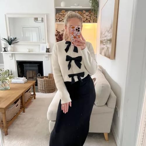 Chevara Women’s Bow Tie Knitted Cardigan Y2K Long Sleeve Crew Neck Fall Sweater3