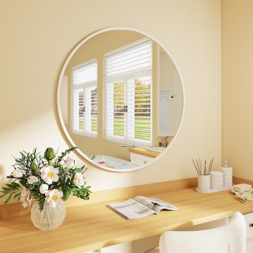 HOMCOM 36" Round Wall Mirror Bathroom Mirror Metal Frame White