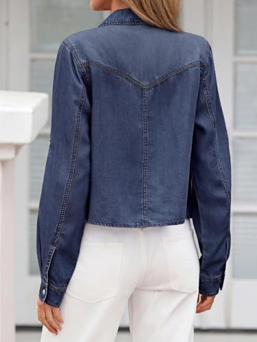 PRETTYGARDEN Long Sleeve Cardigans for Women Trendy V Neck Collared Button Down Denim Shirts Casual Chambray Blouses Top (Dark Blue, X-Large) — view 6