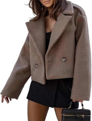 xxxiticat Womens Wolle Mischung Cropped Trench Mantel Herbst Winter Erbsen Mantel Doppelt Breasted Blazer Jacken Mode Mantel(CO,S)