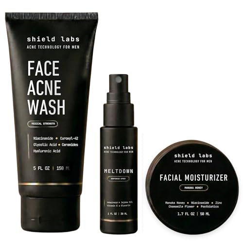 Shield Face Acne System for Men and Boys Easy 3-Step Clear Skin Kit with 4% Benzoyl Peroxide Face Wash Adapinoid Spray and Manuka Honey Moisturizer Clears Breakouts and Balances Oily Skin