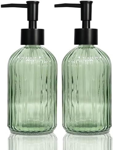 Green Glass Soap Dispenser Set with Black Pump, 13.5oz Refillable...