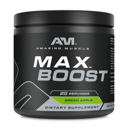 Image of Amazing Muscle Max Boost | 25 Servings | Intense Pre-Workout Supplement for Men & Women | Contains Creatine Monohydrate, Caffeine, Beta-Alanine, Betaine (25 Servings, Green Apple)