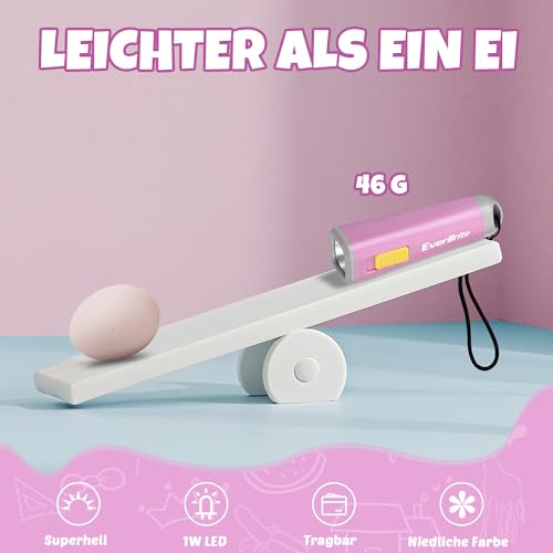 EverBrite Mini LED Taschenlampe mit Kordel bunt klein rosa lila, 1W mit 3 AAA Batterien, für Geburtstagsgeschenk
