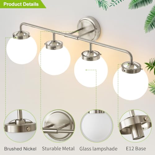 Image of Bathroom Light Fixtures Over Mirror, Brushed Nickel Modern Vanity Lighting with Milk White Glass Globe Shades 4-Light Farmhouse Wall Sconce