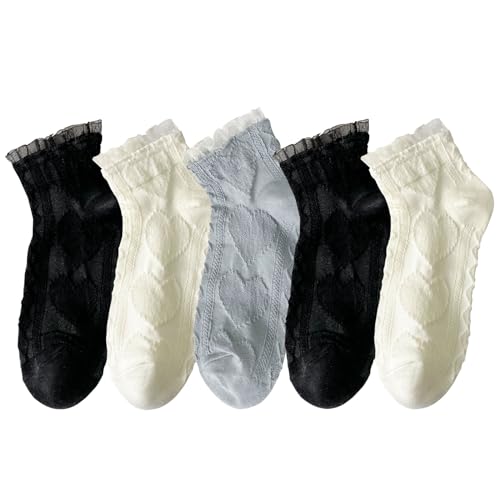 zrylibya Women Ruffle Frilly Lace Trim Ankle Socks Heart Pattern Textured Casual Cute Low Cut Socks 5 Pairs