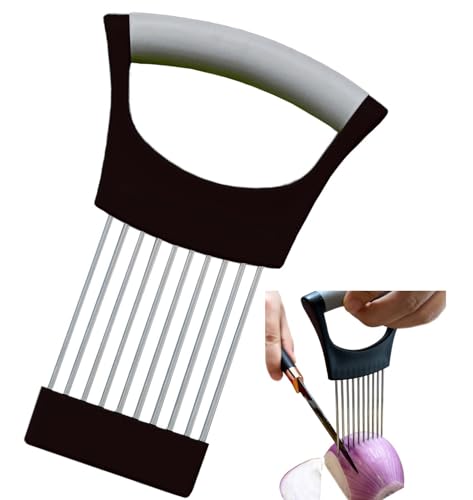 Slice And Dice Kitchen Tool: Ultimate Guide to Effortless Vegetable Chopping 9 Onion Holder for Slicing Onion Slice Holder Kitchen Chopper Assistant Tool,Vegetable Cutter with Protective Cover for Tomato,Lemon,Potato,Egg,Food Slice Assistant,Home Kitchen Tool (Black & Gray)