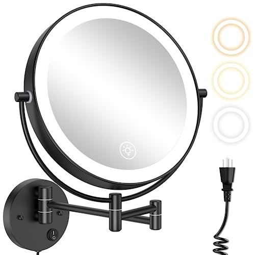 Wall Mounted Lighted Makeup Mirror - 9 Inch Large Double Sided 1X/10X Magnifying Led Vanity Mirror With 3 Color Lights & Stepless Dimming - 360°Swivel Extendable Bathroom Touch Sensor Cosmetic Mirror #TOP26