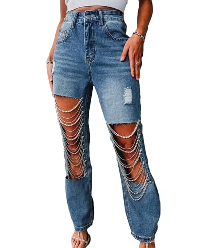 Women's Covered in Diamond Jeans High Rise Wide Leg Rhinestone Fringe Hem Split Denim Trouser