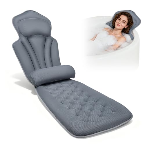LIFEJXWEN Badewannenkissen mit EXTRA Lendenkissen 144 Saugnäpfe (12x mehr Halt!) 4D Weiches Badekissen Set mit Kopfstütze & Abnehmbarem Zusatzkissen 133x41 cm Inkl. Waschbeutel (Grau)