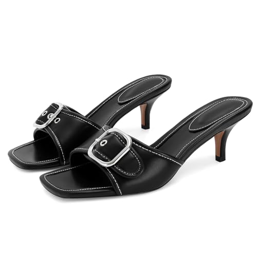 Image of Dsevht Black Kitten Heel Sandals Stiletto Low Heels Slip On Slides Mule Sandal Square Open Toe Dress Shoes for Women