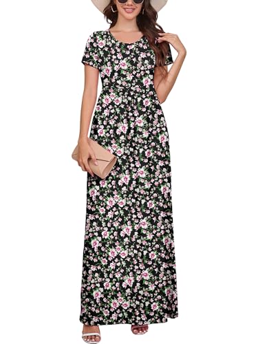 Image of DEARCASE Maxi Dress for Women Short Sleeve Casual Summer Loose Plain Comfy Long Dresses with Pockets