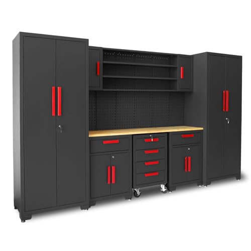 Image of TCE Garage Cabinets Storage System: 8 Piece Cabinet Set with Pegboard, Workshop Cabinet Set in Black - Perfect for Organizing Garage and Tools Home Office