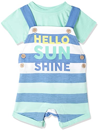 Image of miniklub Baby Round Neck Half Sleeve Thigh Length Knitted Cotton Dungaree Set, Pack of 2 (Aqua Color)