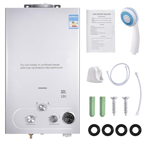 Calentador de agua de gas de 16 L, 32 kW, GLP, calentador de agua instantáneo, muy baja presión de agua de arranque de 0,5 bares, para ducha y uso diario, excursiones de camping (blanco, 10 litros)