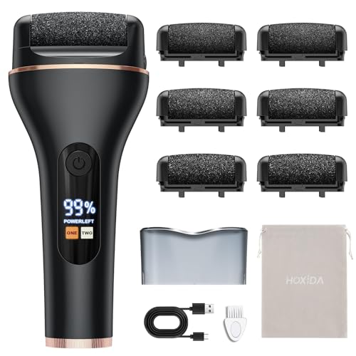 Hoxida Electric Foot File for Hard Skin with 6 Replacement Rollers, IPX7 Waterproof Rechargeable Callus Remover for Feet Pedicure Set for Dead Skin (Black)