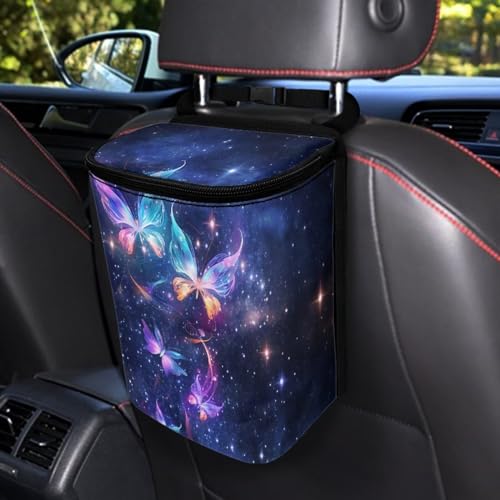 Image of Galaxy Butterfly Car Trash Can with Lid,Butterfly Car Interior Set Zipper Auto Garbage Hanging Leak Proof Vehicle Trash Bin Rubbish Storage Bag for Most Vehicle Back /Front Seat /Console