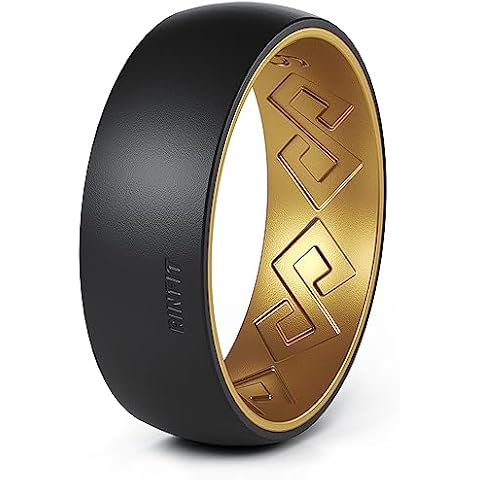 Rinfit Silicone Rings for Women & Men 7mm Wide, 2mm Thick - Matching Silicone Wedding Bands Sets - Rubber Ring Two-tone Patented Design- Black & Gold, Size 9 Cover