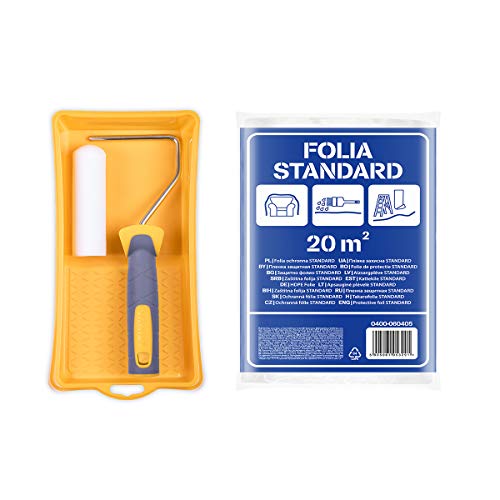 HARDY WORKING TOOLS Maler Set, Farbrolle, Farbwanne, Schutzfolie und Farbwalzen aus Schaumstoff, Florhöhe 7mm, Länge 11cm, Durchmesse 35mm, gelb-weiß-grau, A0180-118000