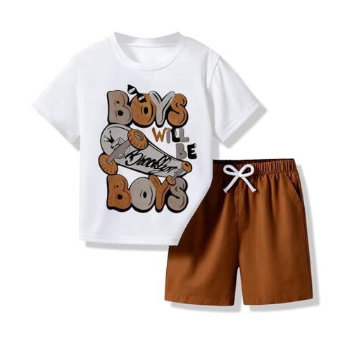 Voxikodex Size 9 10 Years Teen Boys Clothes 2 Piece Letter Print Short Sleeve T-Shirt Tops & Brown Shorts Fashion Kids Boys Summer Clothing Set(9-10Y)