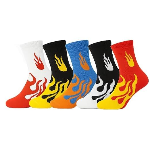 Athletic Crew Socks for Men and Women Pack of 5 Pairs Multi Color Combed Cotton Graphic Printed Fire Flame Pattern Cushioned Sports Running Gym Basketball Fitness Long Crew Socks Combo-image-33