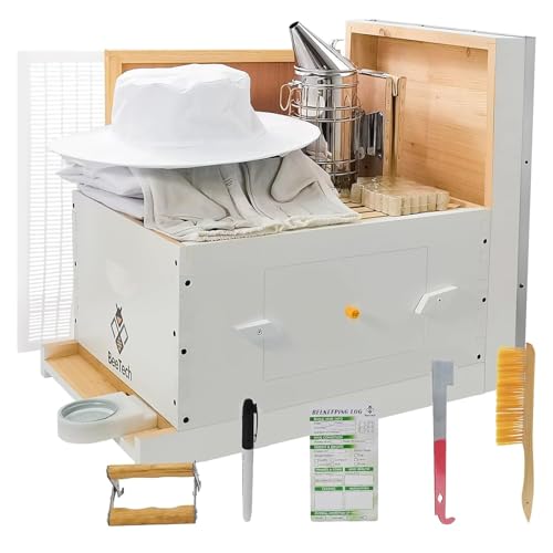 BeeTech Newest Windows 10 Frame Beehive Starter Kit Hand Painted Includes Beekeeping Supplies Tools and Sting Proof Bee Suit (Assembled)