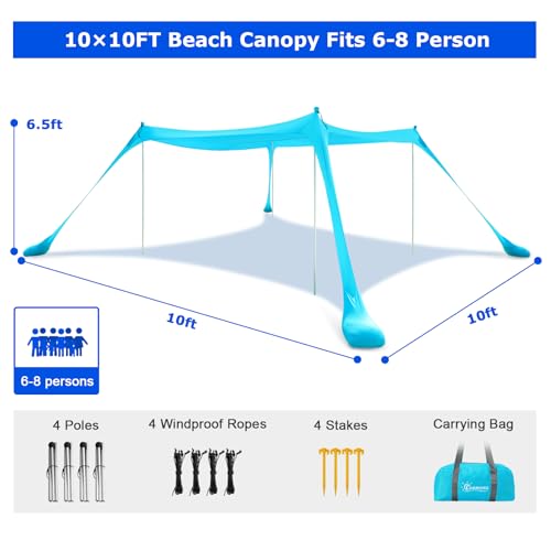 COMMOUDS Beach Tent Sun Shelter - UPF50+ Pop Up Beach Canopy with Sandbags & Sand Shovel & Windproof Poles, Portable Sun Shade for Beach, Camping, Picnics, Backyard (10x10FT) - Image 2