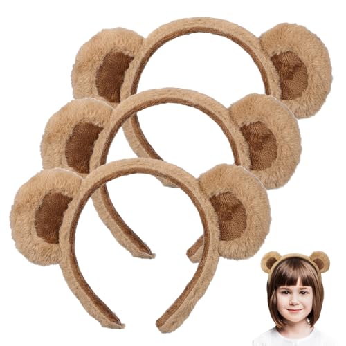 DEARMAMY Diademas de orejas de oso, 3 diademas cosméticas suaves para mujer, lindas diademas de felpa marrones esponjosas para decoración de fiestas, celebraciones, cosplay
