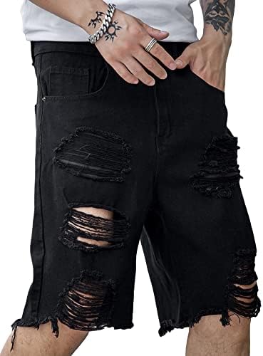 Verdusa Men's Ripped Distressed Raw Trim High Waist Straight Leg Denim Shorts Black XL