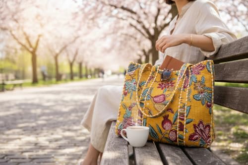 Bolso tote de algodón acolchado con estampado tropical miniatura 4
