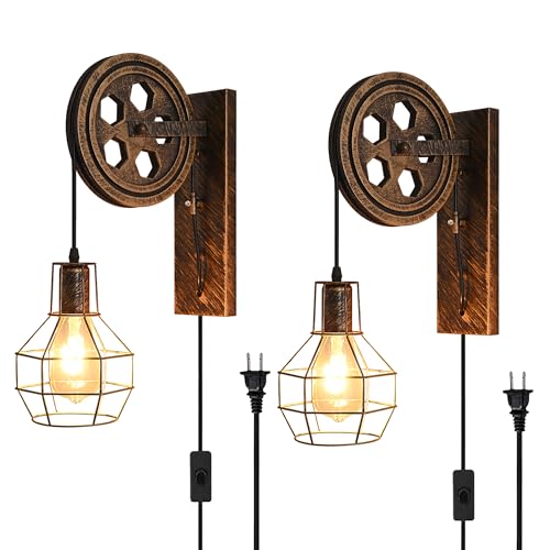 AnvFlik Retro Industrial Wall Sconce, 2Pack Antique Brass Vintage Plug