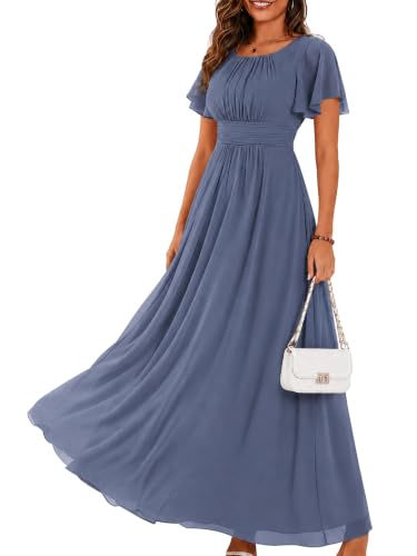 Ever-Pretty Women's Spring Elegant Round Neck Short Sleeve Chiffon Empire Waist Floor Length Formal Dresses Bridesmaid Dress Dusty Blue US12