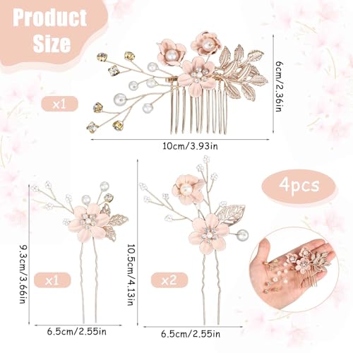Andibro 4 Stück Braut Hochzeit Haarkämme,Rosa Blumen Strass Haarnadel Kristall Haar Accessoires Perlen Kopfschmuck Hochsteckfrisur für Frauen Mädchen Party Abschlussball Brautjungfern Blumenmädchen