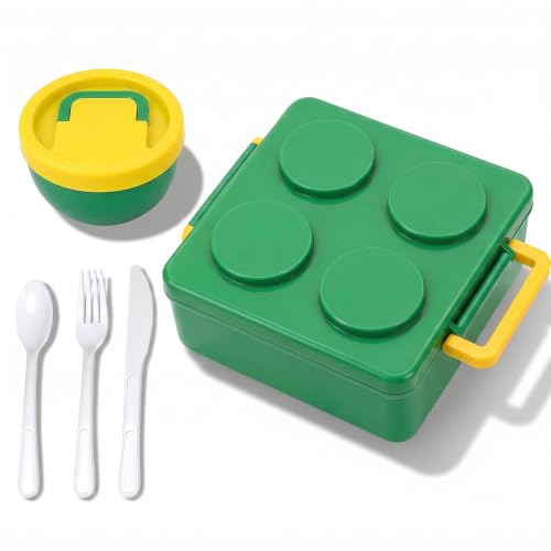 Image of House of Quirk 'NomNom' 1800ml Building Block Bento Lunch Box with 300ml Bowl, Microwave Safe, 3 Compartments, Spoon, Fork & Knife for School, Office & Picnic (Green)