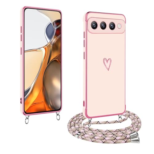 Yanjieer ESONG Funda con Cuerda para Google Pixel 7 Pro Carcasa Original con Cordón,Patrón de Corazón,Ultra Fina Suave TPU Silicona AntiChoque Cover Case para Mujeres y niñas Rosa
