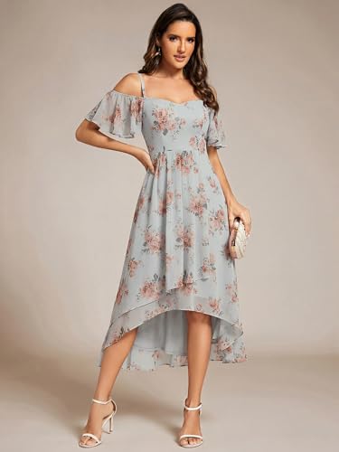 Image of Ever-Pretty Women's Summer Cold Shoulder Hi-Lo Asymmetrical Hem Flowy Chiffon Short Wedding Guest Dress 02103